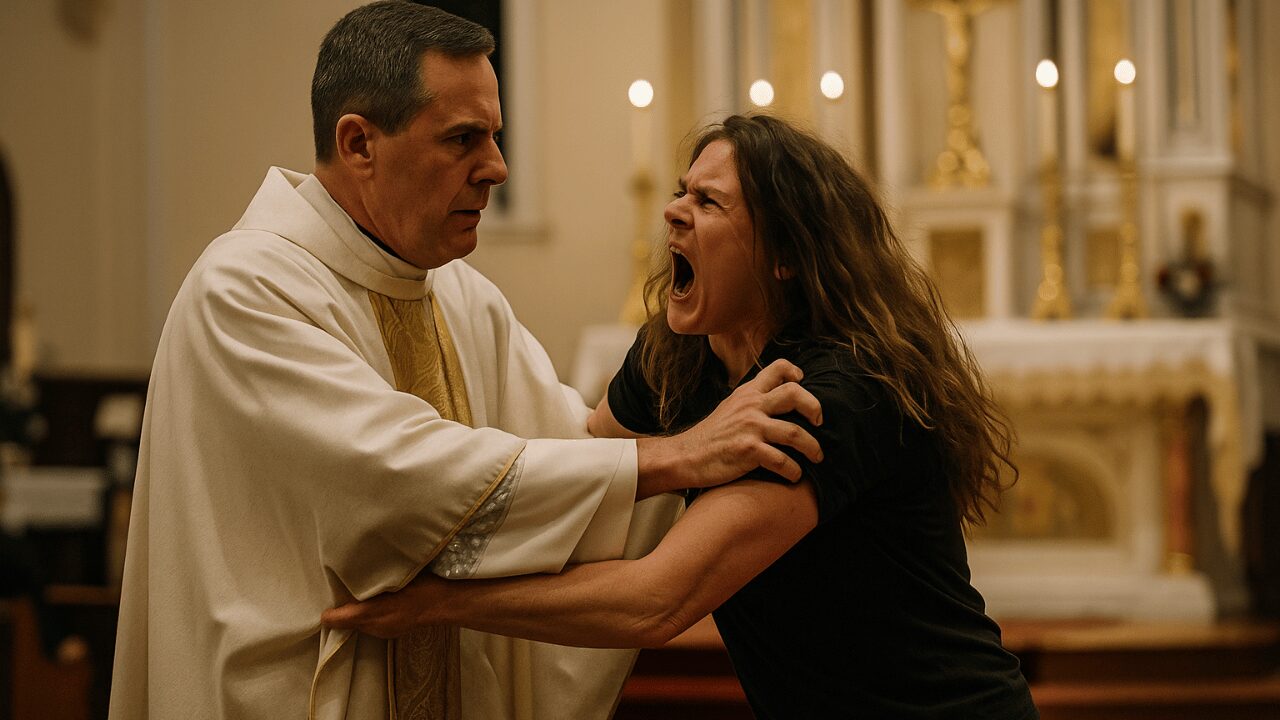¡Sacerdote es atacado por una mujer poseída que grita de forma demoníaca! 1 sacerdote
